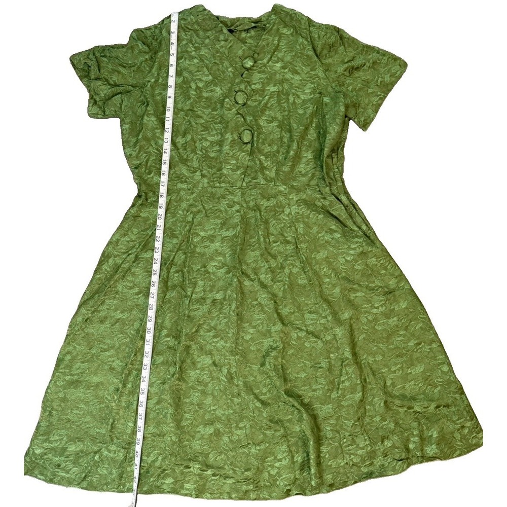Vintage Green Jacquard Fit & Flare Dress Leaf Print Covered Buttons XL - Picture 6 of 7